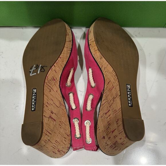 SPERRY Top Sider SOUTHPORT Pink Canvas SLINGBACK Wedges Nautical Rope Bow SZ 9 - Picture 4 of 5